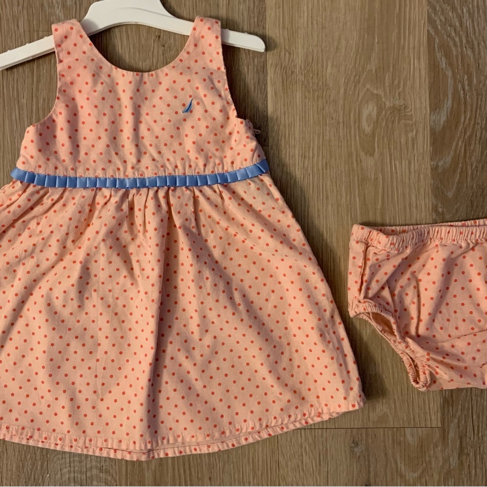 Nautica Pink Polka Dot Dress Set Blue Blue Trim At The Waist